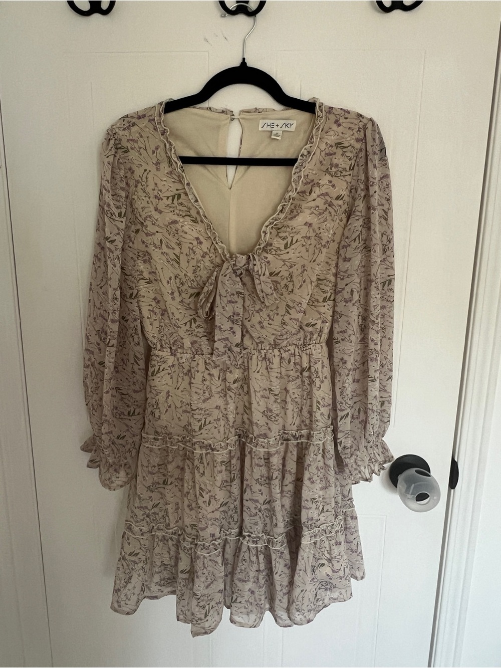 She + Sky Floral Tie-Neck Tiered Mini Dress in Beige